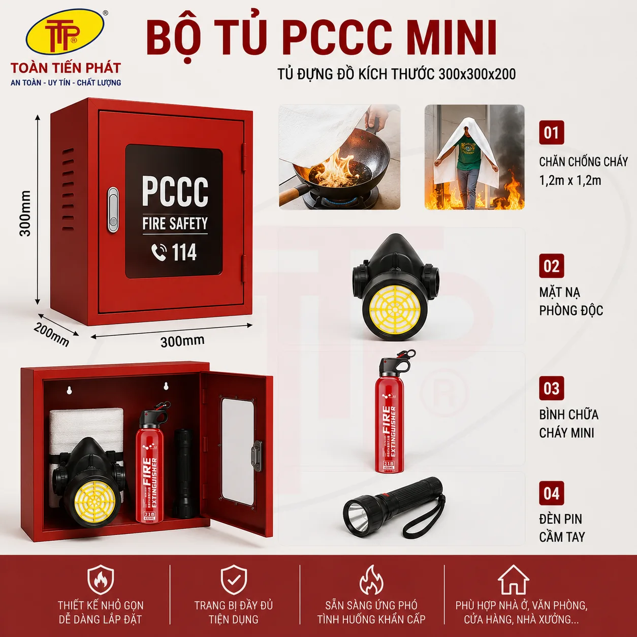 Bộ tủ phòng cháy chữa cháy PCCC mini đầy đủ thiết bị cho gia đình Toàn Tiến Phát